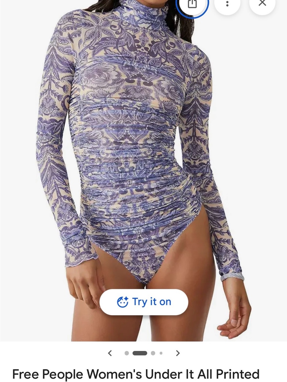 Free People Ruched Long-Sleeve Mock Neck Bodysuit in Lavender and Cream
